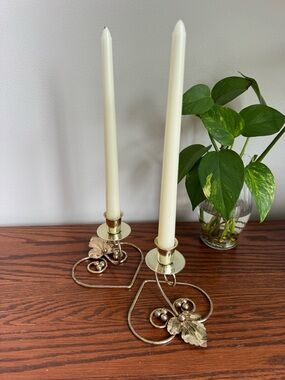 Vingtage Brass Heart Leaf Taper Candlestick Holders Set of 2